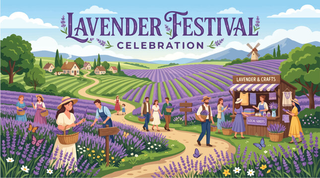 Illustration of a vibrant lavender festival celebration with people in a field of purple flowers and a market stall