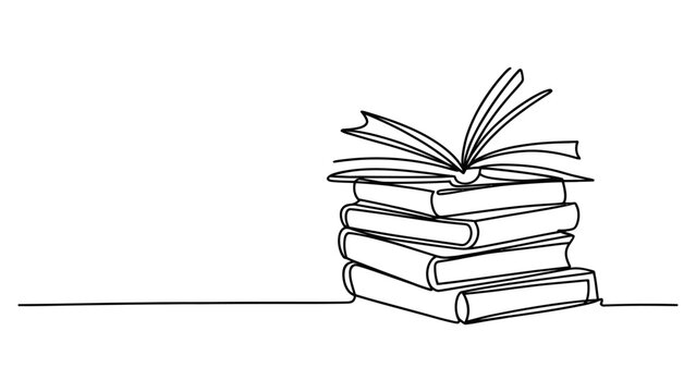 Continuous line drawing of a stack of books with an open book on top