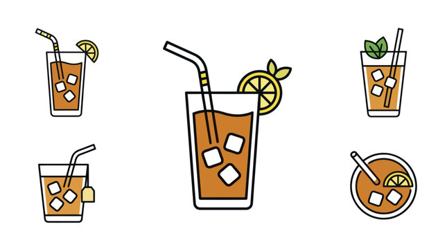 Colorful refreshing iced tea and fruit cocktail icons.