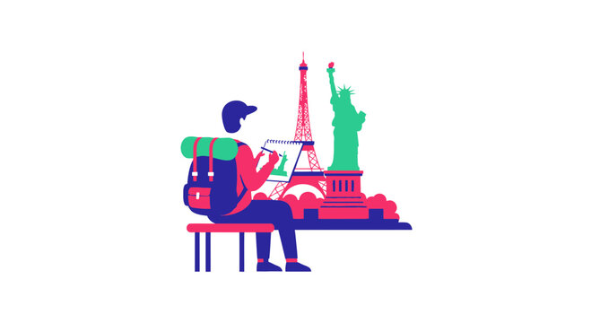 Traveler sketching famous landmarks, Eiffel Tower and Statue of Liberty, flat design
