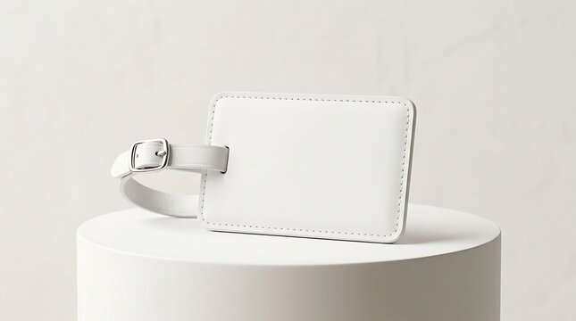 Isolated white leather luggage tag mockup on pedestal representing travel identity branding labels and transit accessories