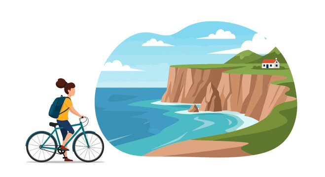 Woman cycling on coastal path with scenic ocean cliff and seaside village view