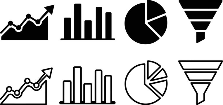 analytics icon collection with bar charts pie charts funnel shapes and line trends