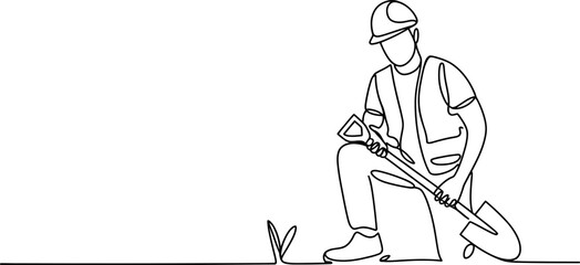 Obraz premium Continuous line drawing of a construction worker kneeling and digging with a shovel