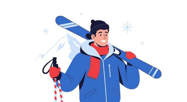 Happy skier with skis and poles on snowy mountain background, winter sports