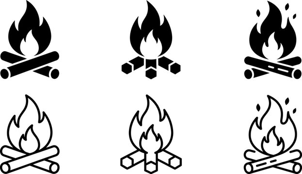 campfire icon collection with flames and crossed logs for outdoor camping emblems