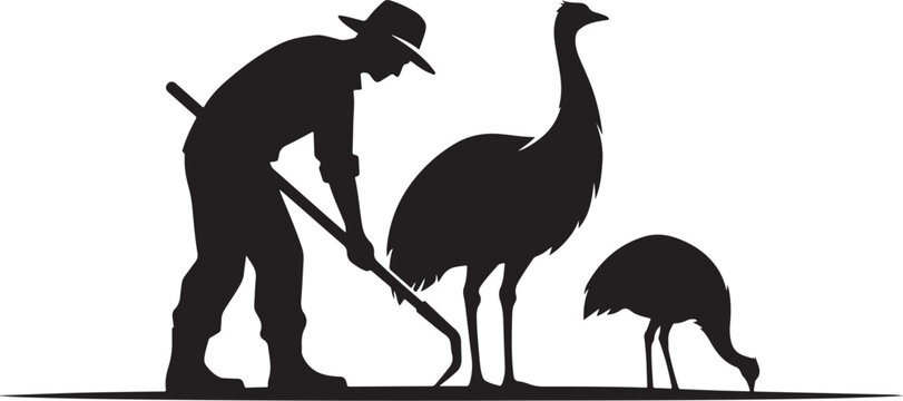Man digging with shovel next to two ostriches silhouette