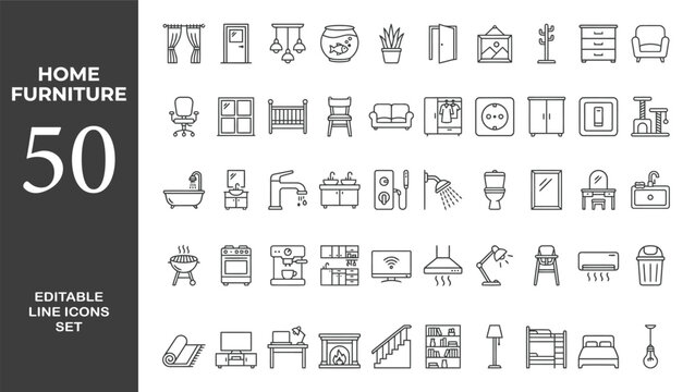 Home furniture outline editable icon set. featuring icons of various home furniture, appiliance, decoration and more. Editable stroke. Vector illustration	