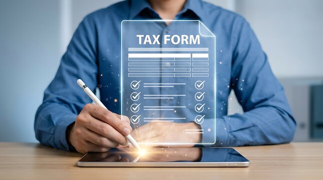 Man using stylus on tablet to complete digital tax form, representing online finance and digital document submission for business.