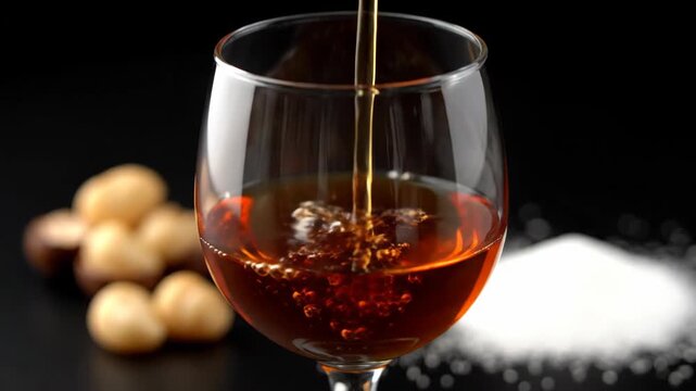 Pouring golden liquid into a wine glass with macadamia nuts and sugar.