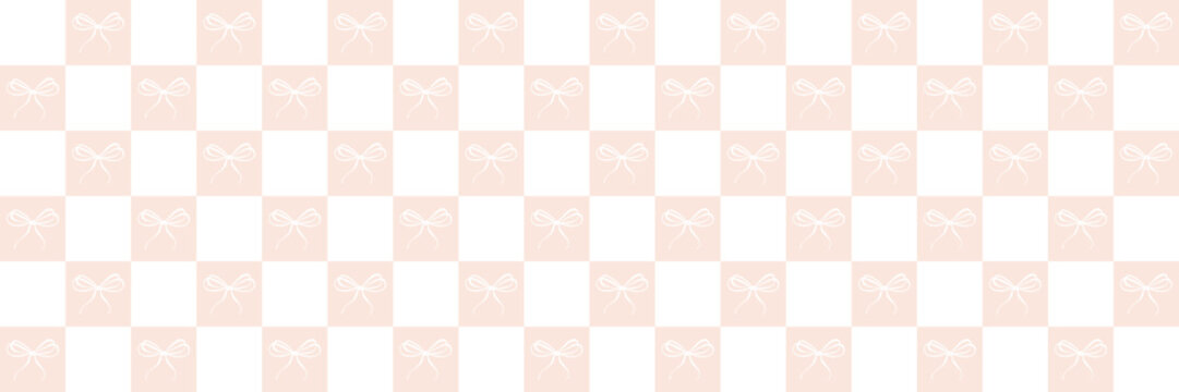 Minimalist ribbon or bow checked pastel pink seamless pattern overlay banner, wide horizontal wallpaper