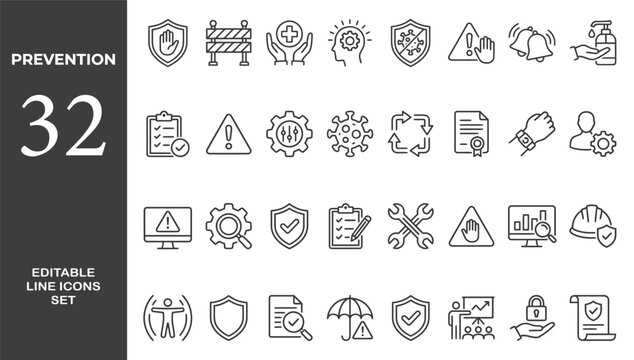Prevention icon set. Contain icons related to safety, risk, protection, control, awareness, disease, hygiene, and more. Editable stroke. Vector illustration