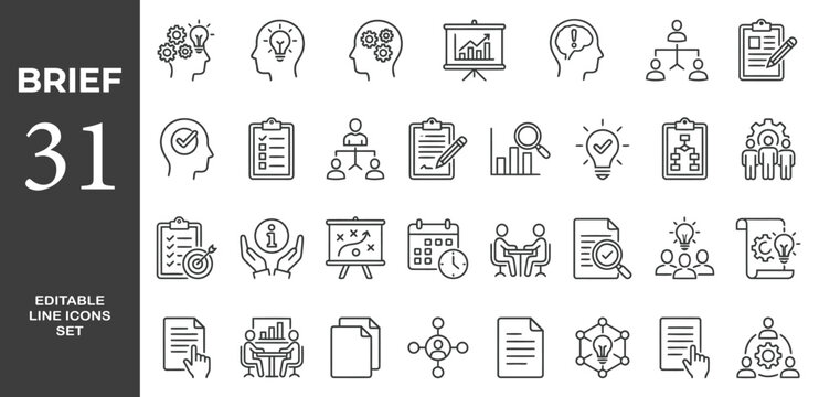 Brief icon set. Containing briefing, agenda, instruction, inform, planning, collaboration, team, note, insight, meeting, and more. Editable stroke. Vector illustration