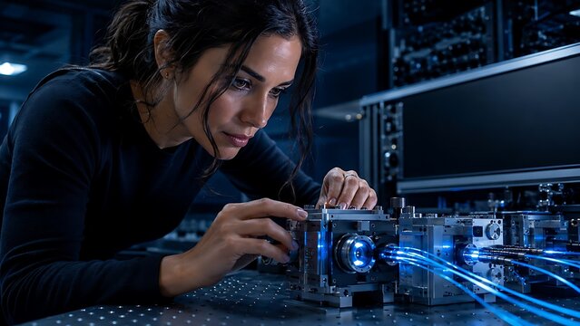 Female scientist adjusting advanced quantum technology in research lab
