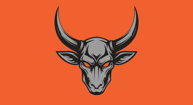 A fierce bull head illustration with red eyes on an orange background