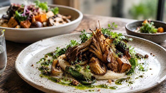 Gourmet roasted mushroom dish with creamy puree and fresh herbs