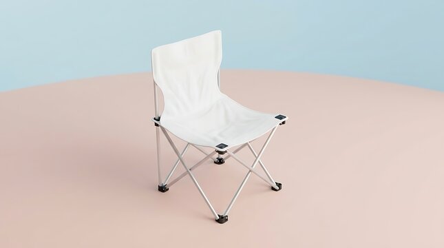 Foldable camping chair with white fabric seat and metallic frame for outdoor travel leisure equipment marketing template