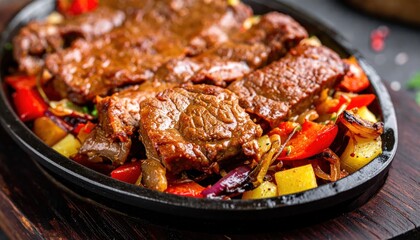 Fototapeta premium Juicy Grilled Steak Slices Served with Roasted Vegetables on Hot Skillet