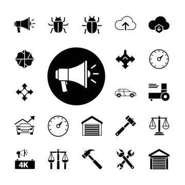 Vector Icon Set: Megaphone, Bugs, Cloud, Car, Clock, Tools, Garage, Scale