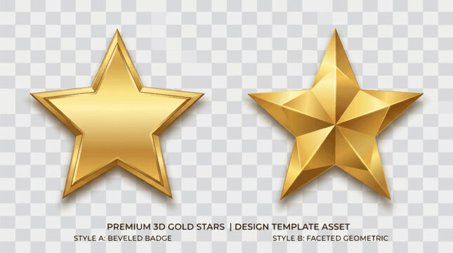 Two golden five pointed stars with beveled and faceted surfaces on a transparent background star shape gold