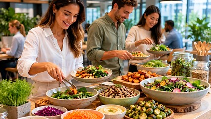 Naklejka premium People serving healthy fresh food at a modern buffet restaurant