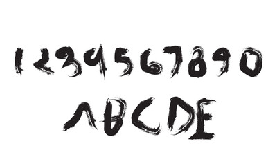 Fototapeta premium Handwritten brush script font with numbers and letters on white background