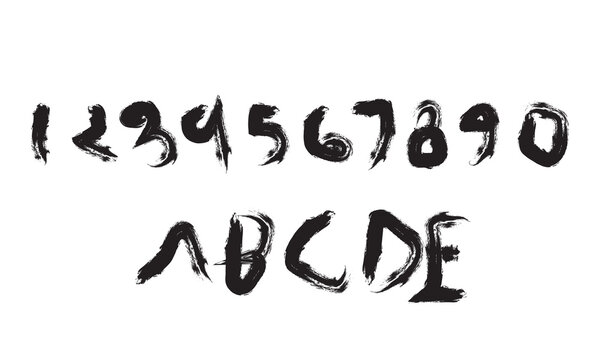 Handwritten brush script font with numbers and letters on white background