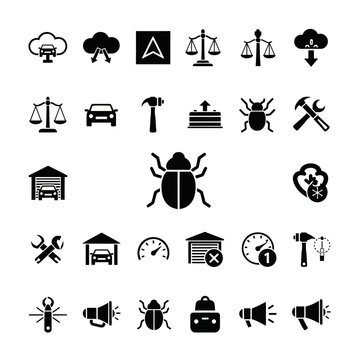 Technology Icons Set: Cloud, Car, Bug, Tools, Garage, Speedometer, Scales