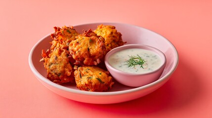 Fototapeta premium A vibrant composition of fritters with yogurt dip placed on a pastel coral background with strong contrast lighting