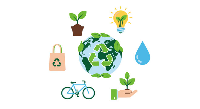 Eco-Friendly Lifestyle Icons: Earth, Recycling, Plants, Water, Bike, Bag, Lightbulb