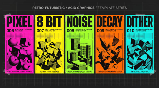 Pixelated disruption and 8 bit artifacts vector illustration series with retro futuristic color palette 8 bit acid graphics