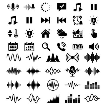 Audio soundwaves and digital voice recording silhouette icon grid. Flat solid black shapes of music equalizer frequencies isolated on white background