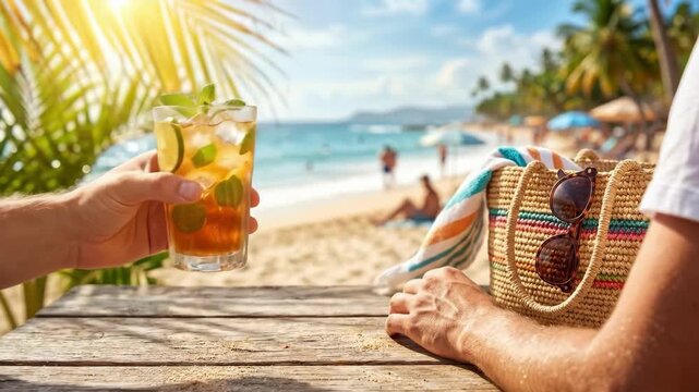 Man and woman hands holding mojito cocktail and straw beach bag on sandy table. Tropical beach vacation with ocean waves and palm trees in background. Summer relaxation concept