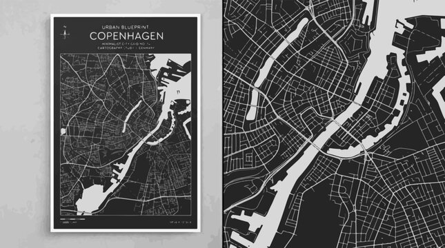 Copenhagen city map blueprint a minimalist vector illustration with a monochromatic grayscale color scheme urban plan street