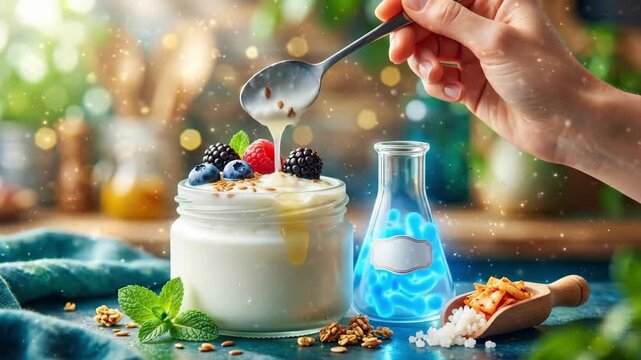 Womans hand scooping yogurt parfait topped with blueberries and raspberries from jar. Healthy gut nutrition breakfast concept with natural ingredients for wellness