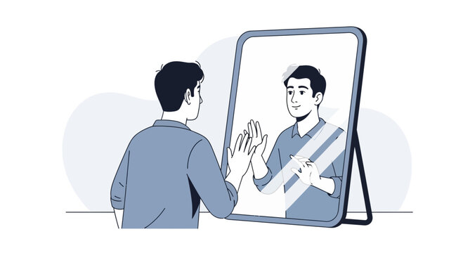 Man Looking in Mirror, Reflection of Self, Self-Awareness, Identity and Personal Growth Concept, Minimalist Illustration
