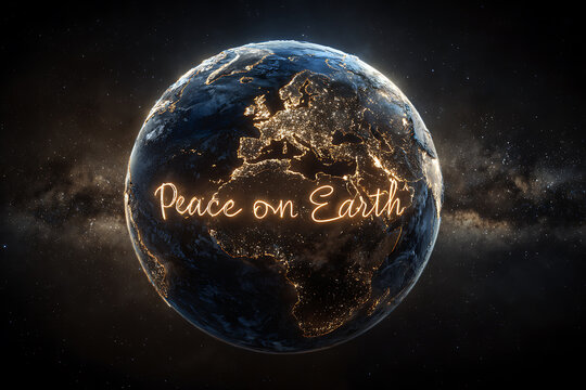 Peace on Earth message glowing brightly over continents at night
