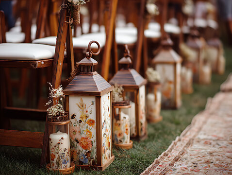 Rustic outdoor wedding aisle decorated with floral lanterns, candles, and wooden chairs