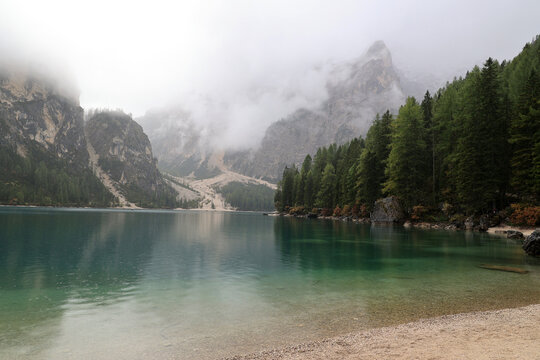 Rising fog in the mountains at Lake Braies-Pragser Wild Lake, South Tyrol, Italy