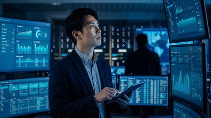 Fototapeta premium Young Asian male IT engineer monitoring data screens in server room