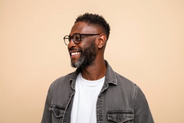 Obraz premium The Smiling Young Man Wearing Glasses and Casual Denim Jacket Looking Away with Warm Expression