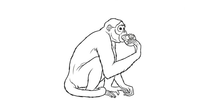 Monkey sitting on ground looking down.