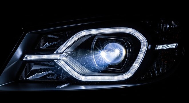 Modern Car Headlight with LED DRL, Close-up Shot, Dark Background