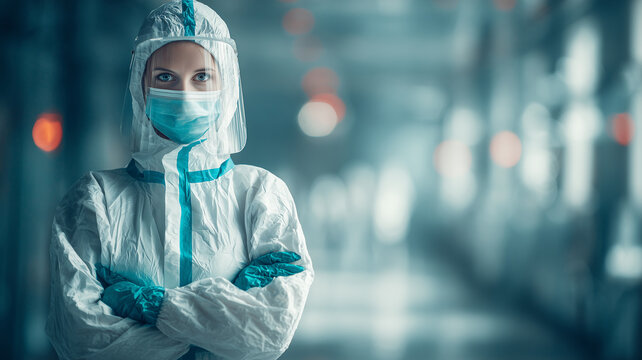 Healthcare worker in protective gear, focused expression