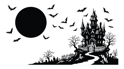 Haunted mansion stands on a dark hill under a full moon with bats circling the gloomy night sky. © Sami