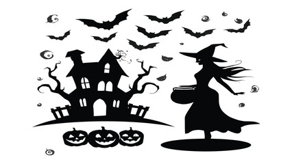 Witch holding a cauldron stands near a haunted house as bats fly overhead in this Halloween scene. © Sami