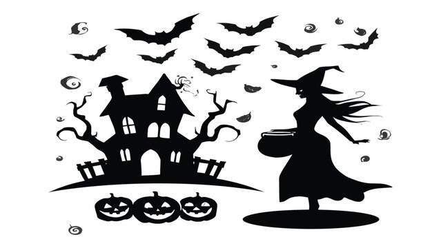 Witch holding a cauldron stands near a haunted house as bats fly overhead in this Halloween scene.