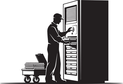 silhouette Man in cap working on tall server or cabinet with cart worker