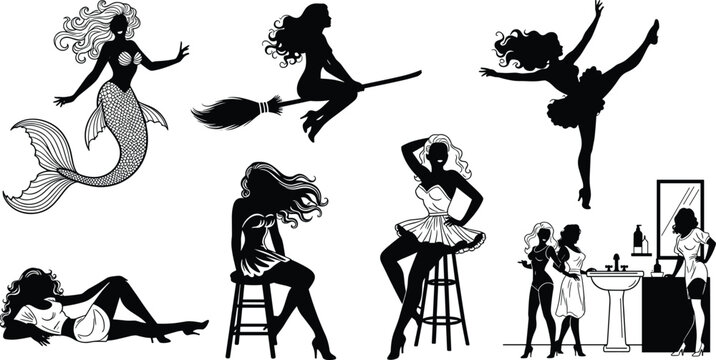 Black and white retro pinup girl silhouettes vector set featuring a mermaid witch riding broom and dancing women