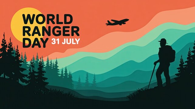 World Ranger Day banner featuring a ranger silhouette in a forest landscape at sunset